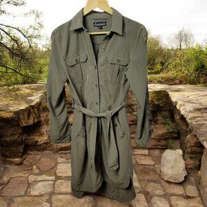 Badgley Mischka Women's Army Green Midi Collared Shirt Dress Belted